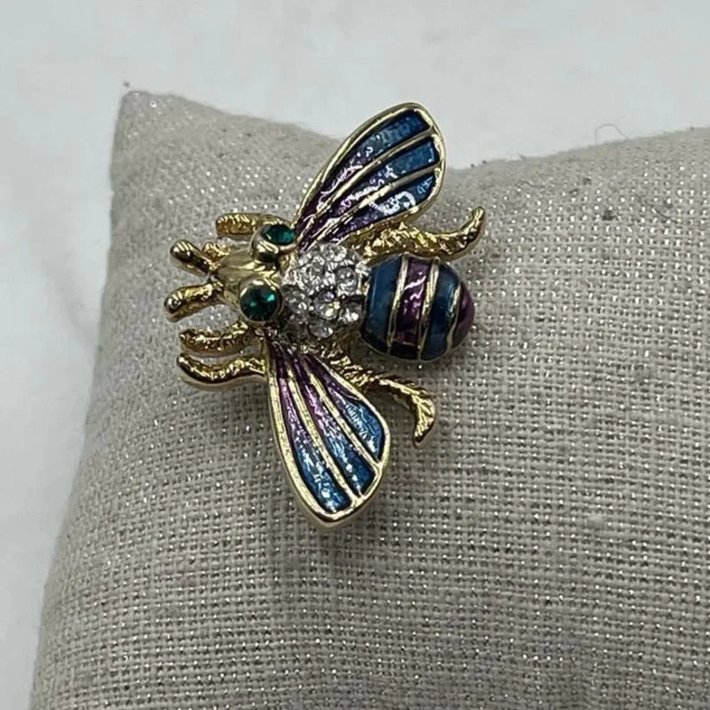 Bumble Bee Multicolor‎ Blue Purple Enamel Gold Tone Brooch